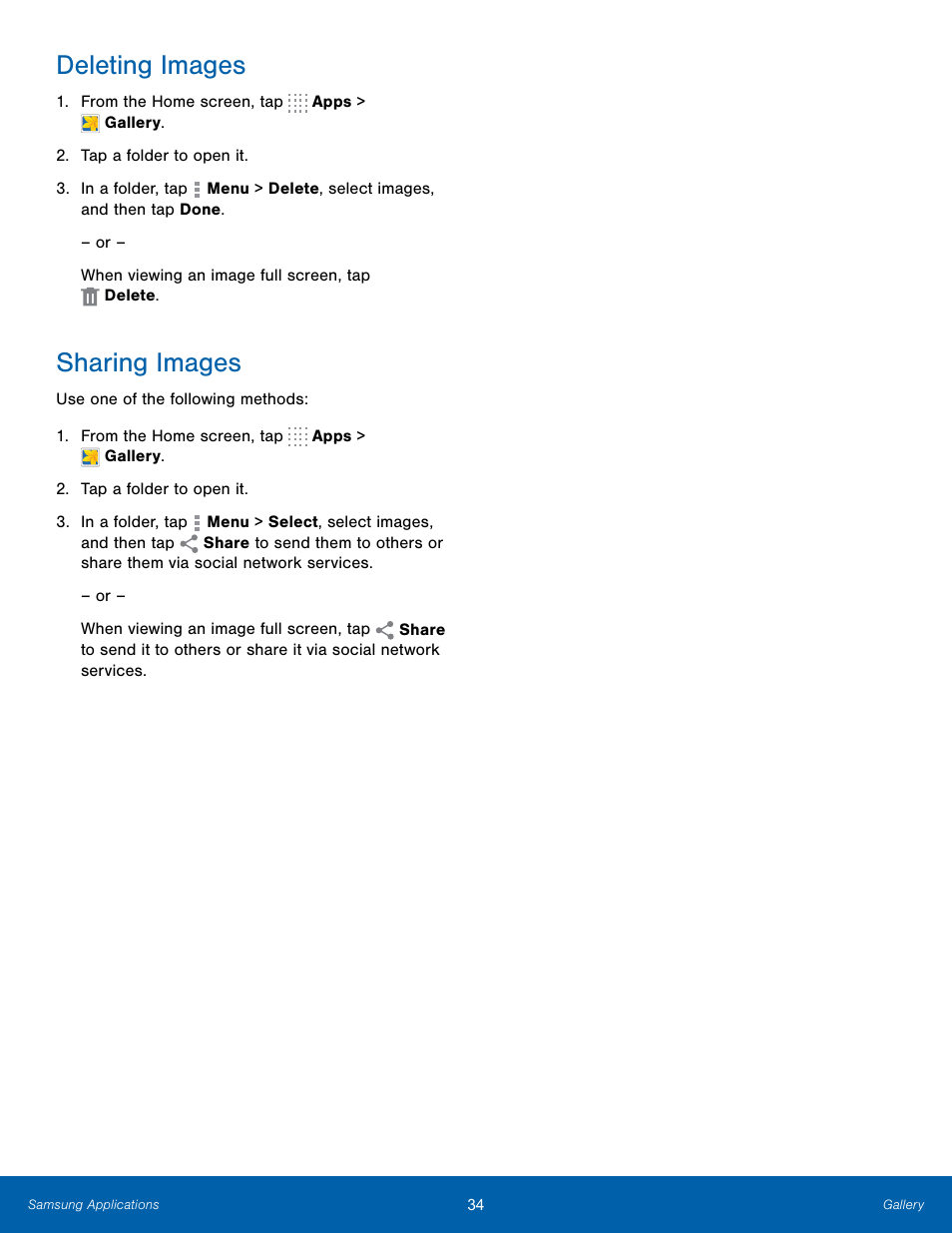 Deleting images, Sharing images, Deleting images sharing images | Samsung SM-T700NZWAXAR User Manual | Page 41 / 82