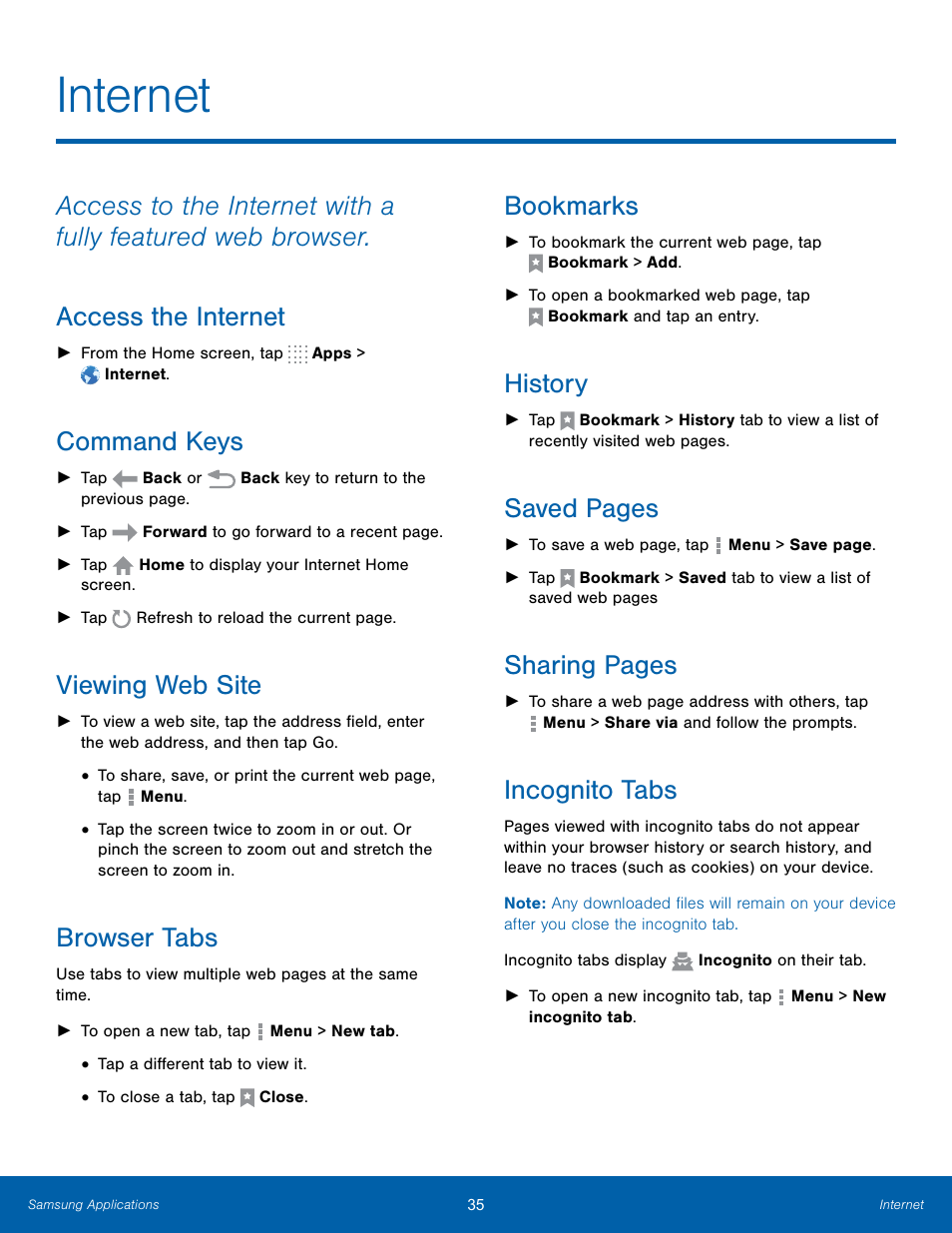 Internet, Access the internet, Command keys | Viewing web site, Browser tabs, Bookmarks, History, Incognito tabs, Saved pages, Sharing pages | Samsung SM-T700NZWAXAR User Manual | Page 42 / 82