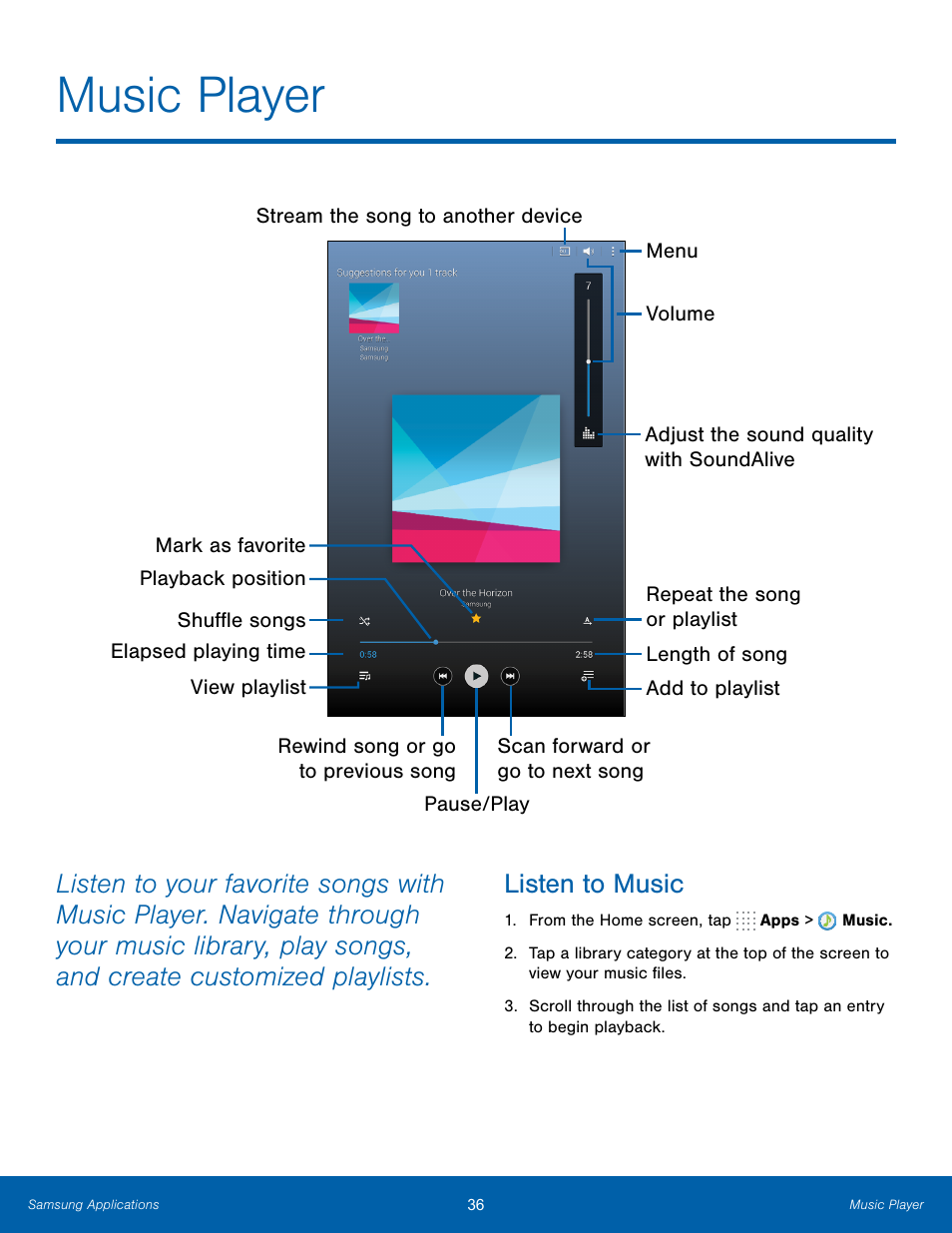 Music player, Listen to music | Samsung SM-T700NZWAXAR User Manual | Page 43 / 82