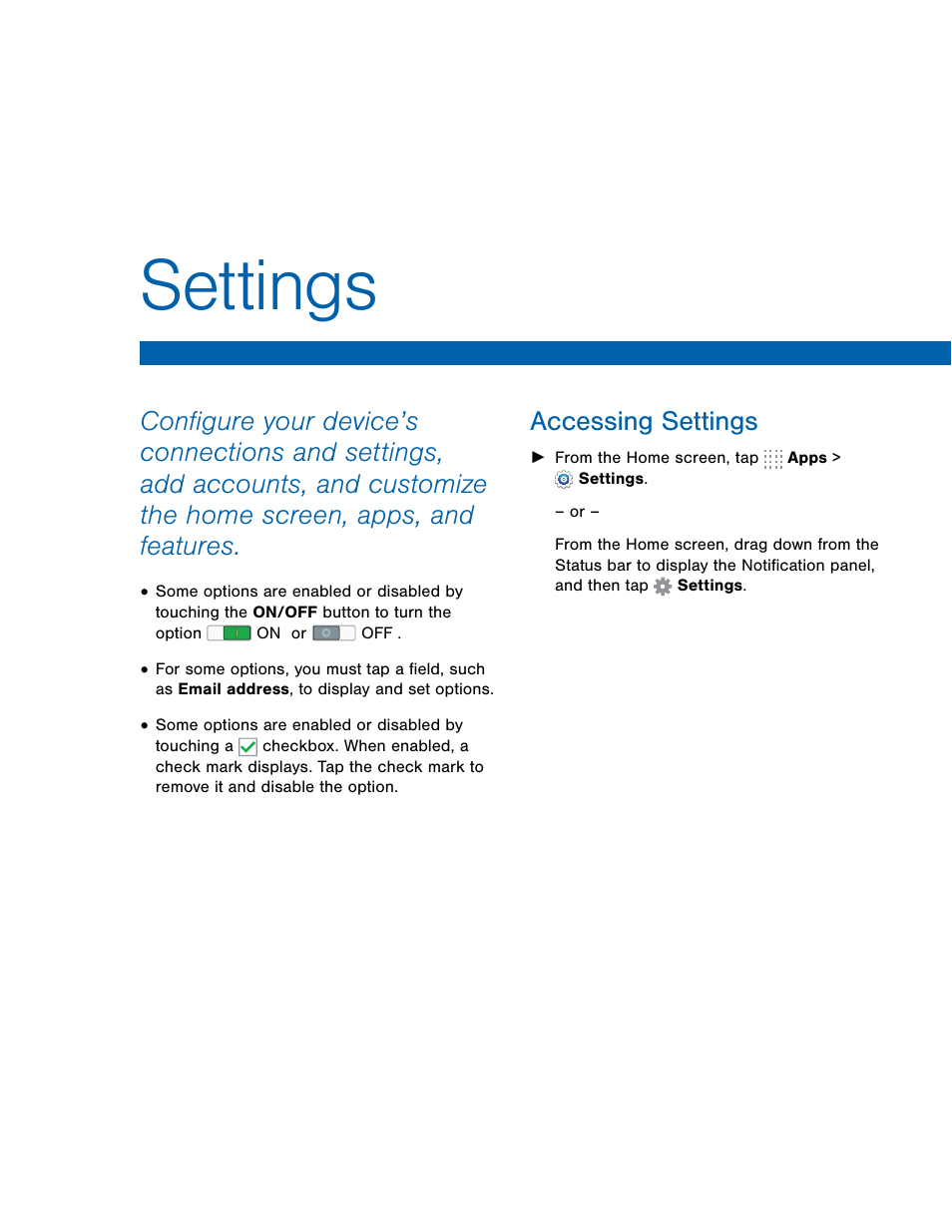 Settings, Accessing settings | Samsung SM-T700NZWAXAR User Manual | Page 46 / 82