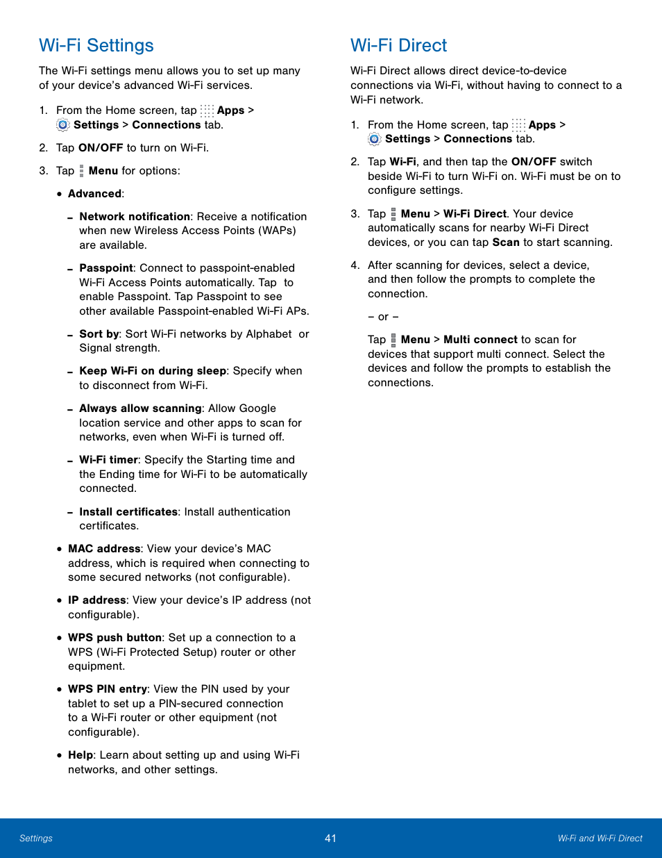 Wi-fi settings, Wi-fi direct, Wi-fi settings wi-fi direct | Samsung SM-T700NZWAXAR User Manual | Page 48 / 82