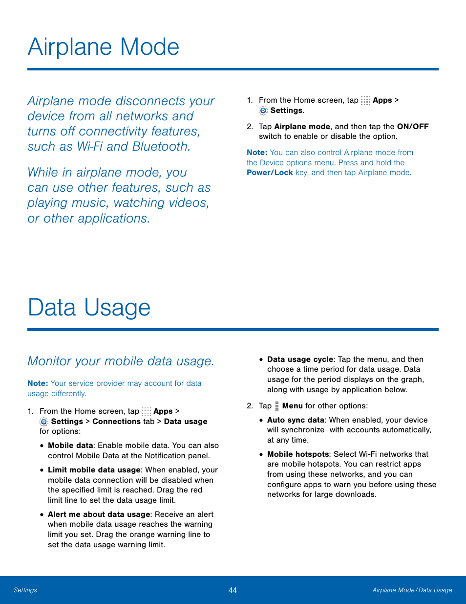 Airplane mode, Data usage, Airplane mode data usage | Monitor your mobile data usage | Samsung SM-T700NZWAXAR User Manual | Page 51 / 82