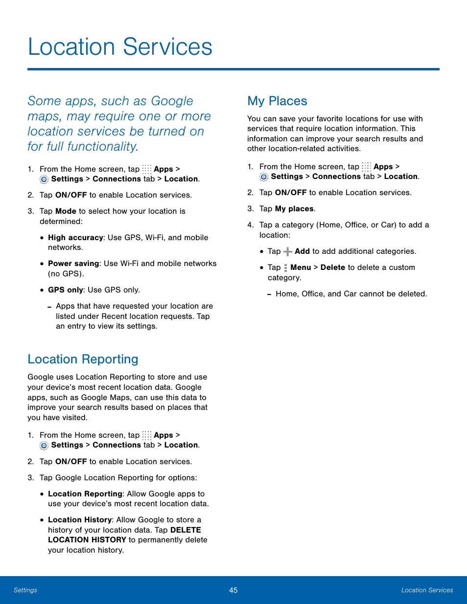 Location services, Location reporting, My places | Location reporting my places | Samsung SM-T700NZWAXAR User Manual | Page 52 / 82