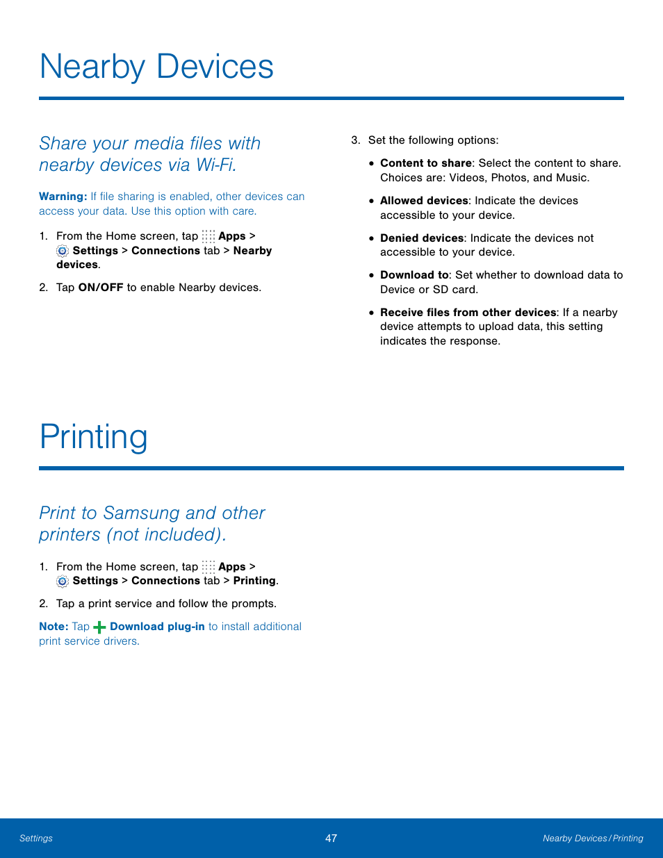 Nearby devices, Printing, Nearby devices printing | Print to samsung and other printers (not included) | Samsung SM-T700NZWAXAR User Manual | Page 54 / 82