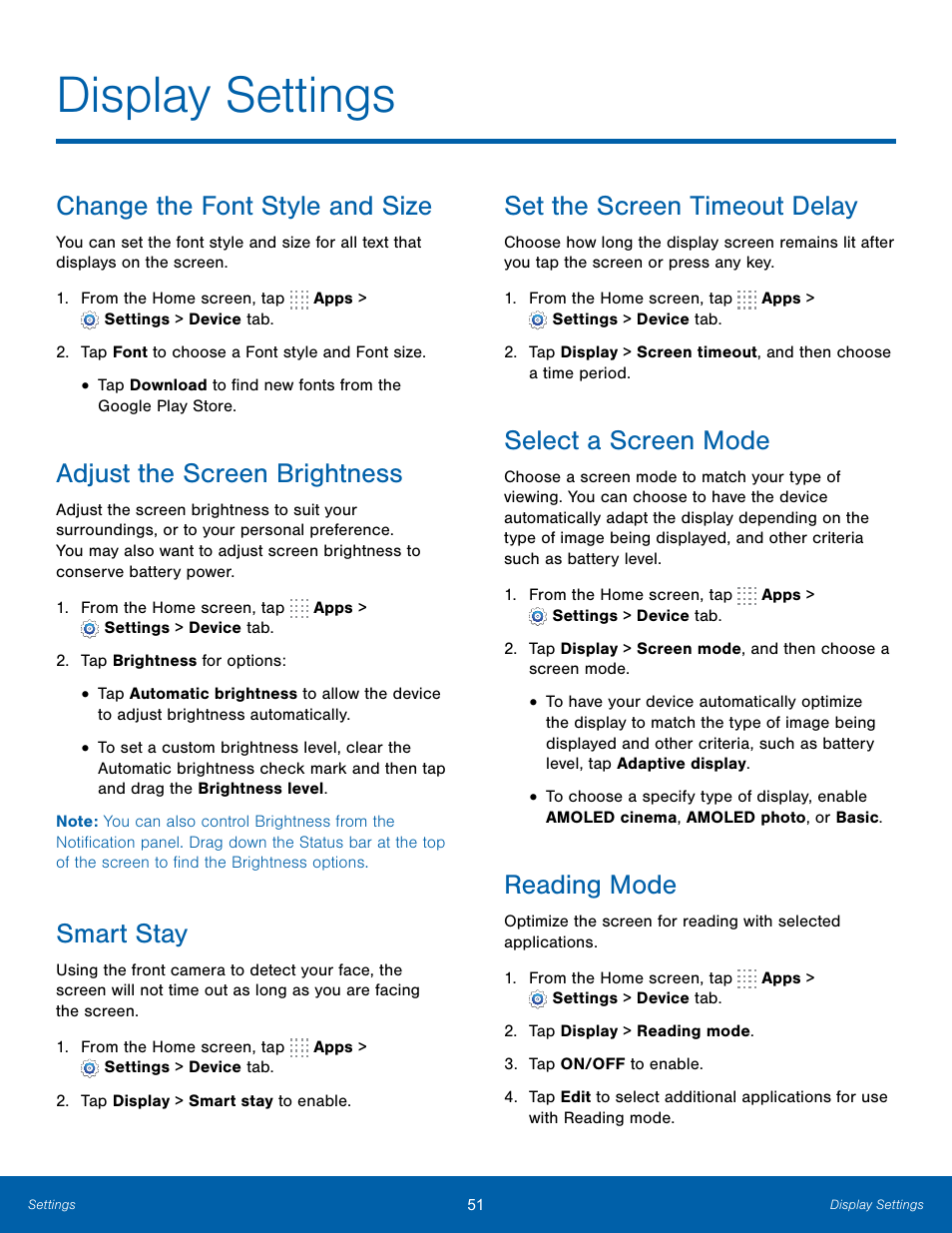 Display settings, Change the font style and size, Adjust the screen brightness | Smart stay, Set the screen timeout delay, Select a screen mode, Reading mode | Samsung SM-T700NZWAXAR User Manual | Page 58 / 82