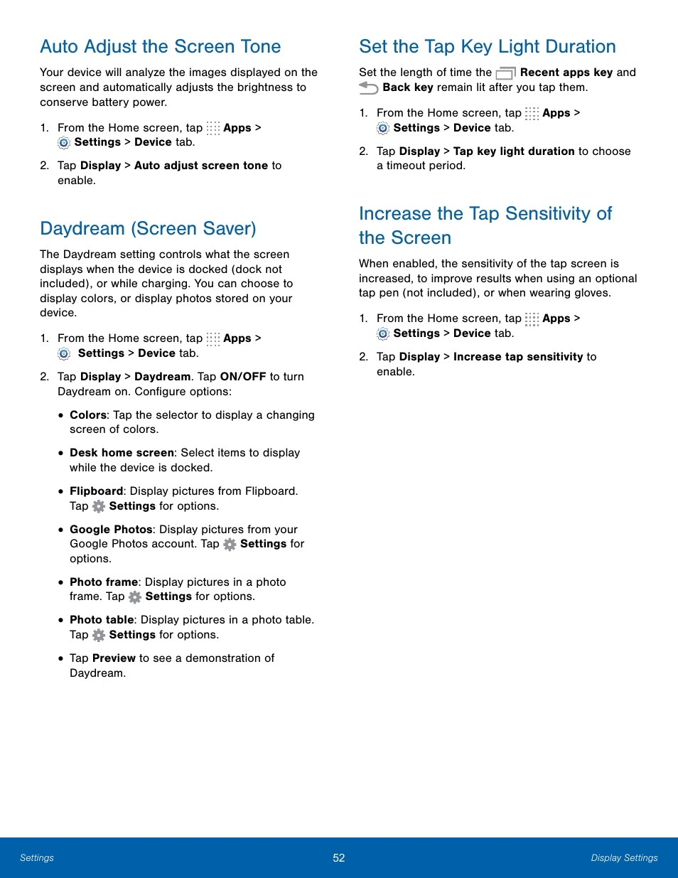 Auto adjust the screen tone, Daydream (screen saver), Set the tap key light duration | Increase the tap sensitivity of the screen | Samsung SM-T700NZWAXAR User Manual | Page 59 / 82