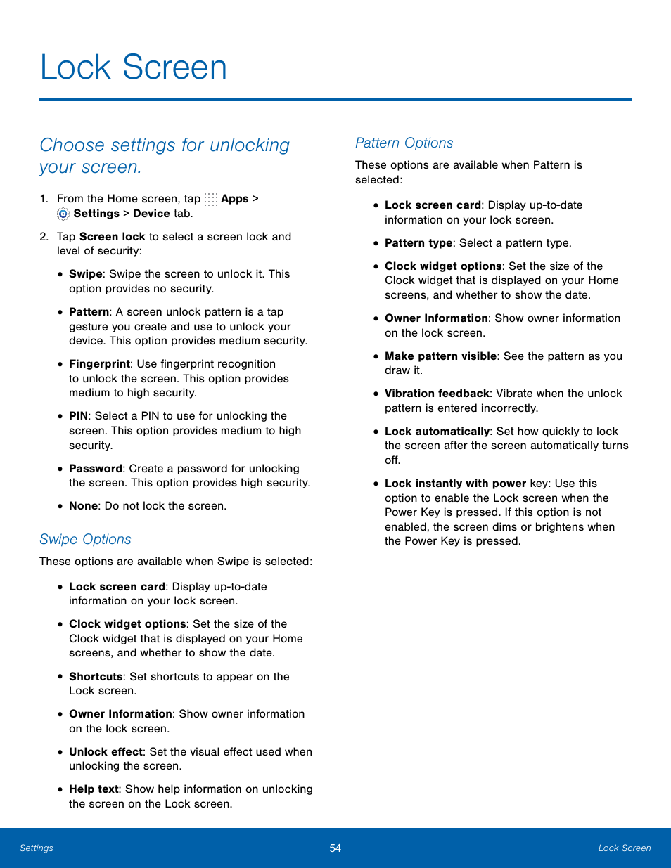 Lock screen, Choose settings for unlocking your screen | Samsung SM-T700NZWAXAR User Manual | Page 61 / 82