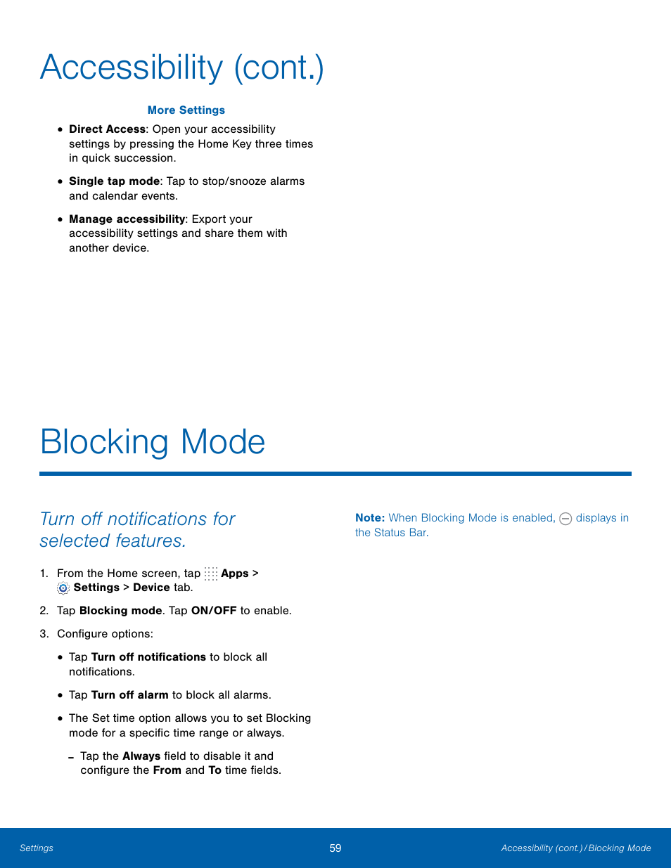 Accessibility (cont.), Blocking mode, Accessibility (cont.) blocking mode | Turn off notifications for selected features | Samsung SM-T700NZWAXAR User Manual | Page 66 / 82