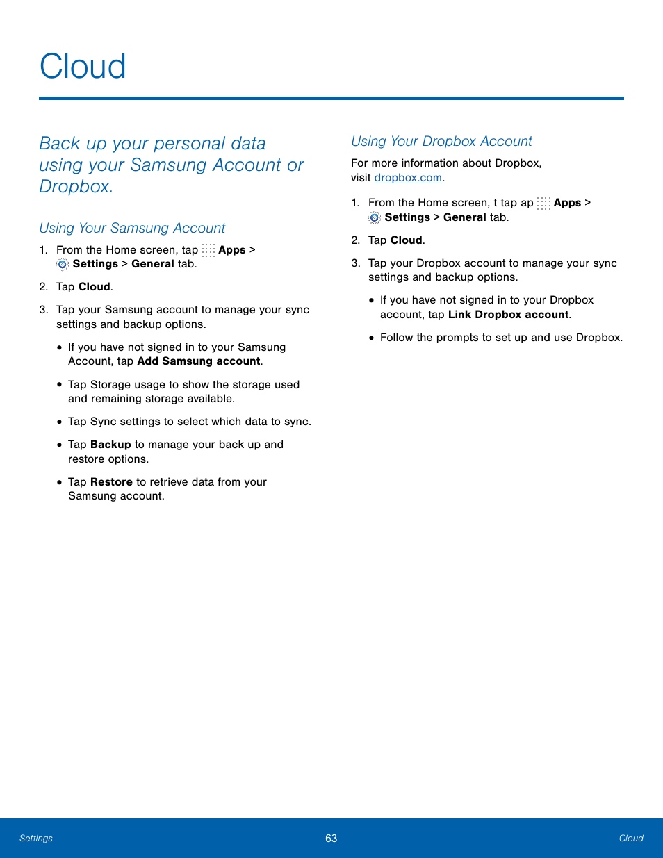 Cloud | Samsung SM-T700NZWAXAR User Manual | Page 70 / 82