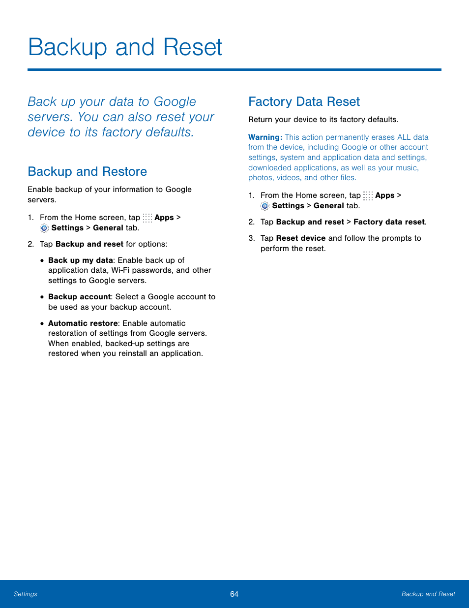 Backup and reset, Backup and restore, Factory data reset | Backup and restore factory data reset | Samsung SM-T700NZWAXAR User Manual | Page 71 / 82