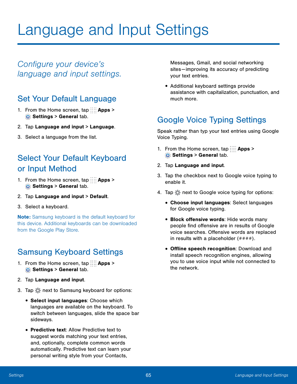 Language and input settings, Set your default language, Select your default keyboard or input method | Samsung keyboard settings, Google voice typing settings | Samsung SM-T700NZWAXAR User Manual | Page 72 / 82