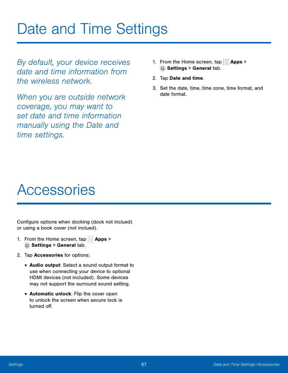 Date and time settings, Accessories, Date and time settings accessories | Accessories date and time settings | Samsung SM-T700NZWAXAR User Manual | Page 74 / 82