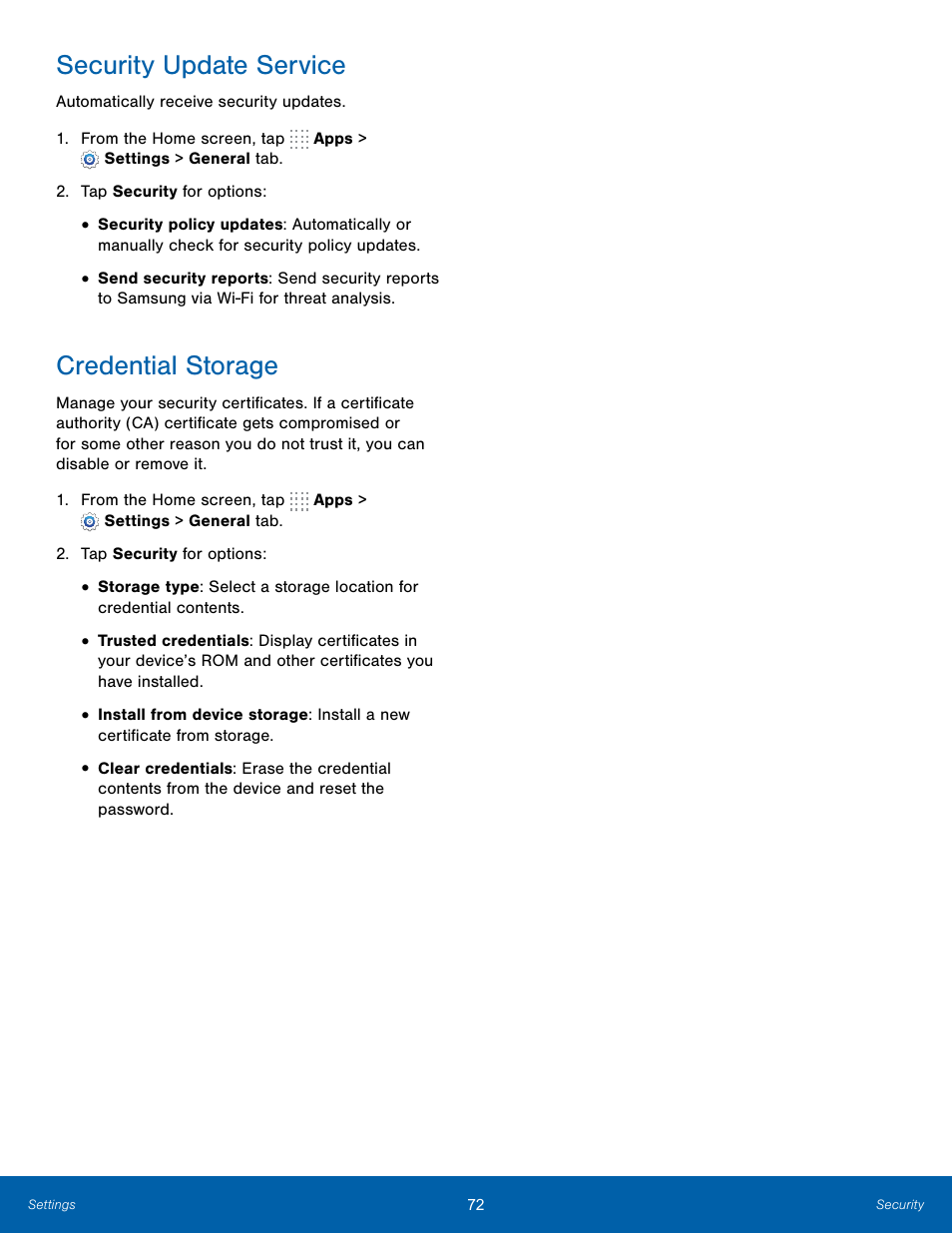 Security update service, Credential storage, Security update service credential storage | Samsung SM-T700NZWAXAR User Manual | Page 79 / 82