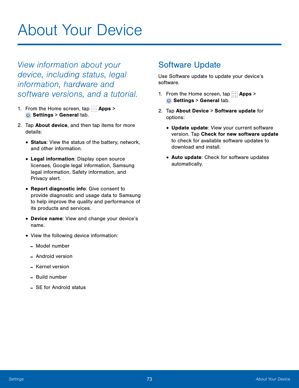 About your device, Software update | Samsung SM-T700NZWAXAR User Manual | Page 80 / 82