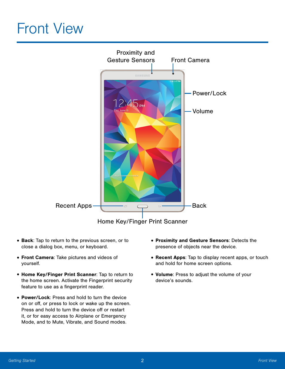Front view | Samsung SM-T700NZWAXAR User Manual | Page 9 / 82