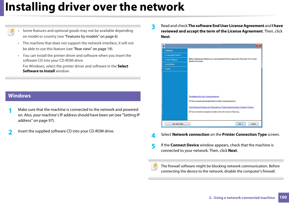 Installing driver over the network, See installing driver over the network100), Windows | Samsung CLP-365W-XAC User Manual | Page 100 / 224