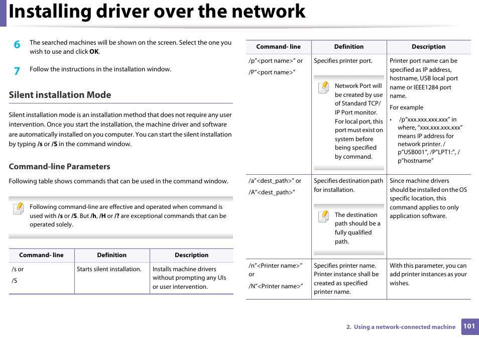 Installing driver over the network, Silent installation mode, Command-line parameters | Samsung CLP-365W-XAC User Manual | Page 101 / 224