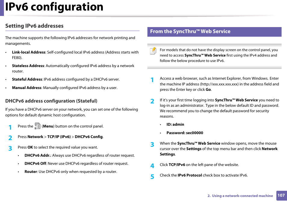 Ipv6 configuration, Setting ipv6 addresses | Samsung CLP-365W-XAC User Manual | Page 107 / 224