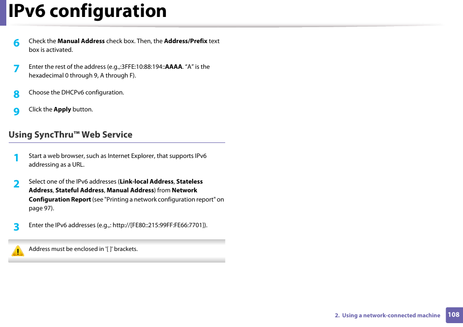Ipv6 configuration | Samsung CLP-365W-XAC User Manual | Page 108 / 224