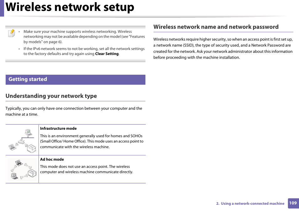 Wireless network setup, Understanding your network type, Wireless network name and network password | Getting started | Samsung CLP-365W-XAC User Manual | Page 109 / 224