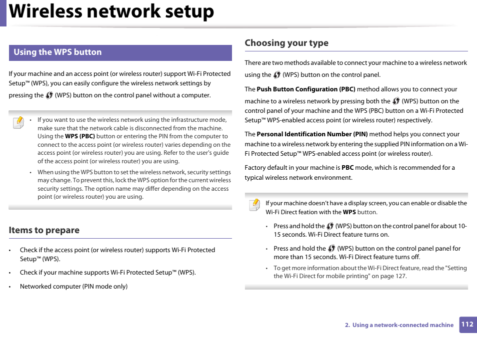 Wireless network setup, Items to prepare, Choosing your type | Using the wps button | Samsung CLP-365W-XAC User Manual | Page 112 / 224