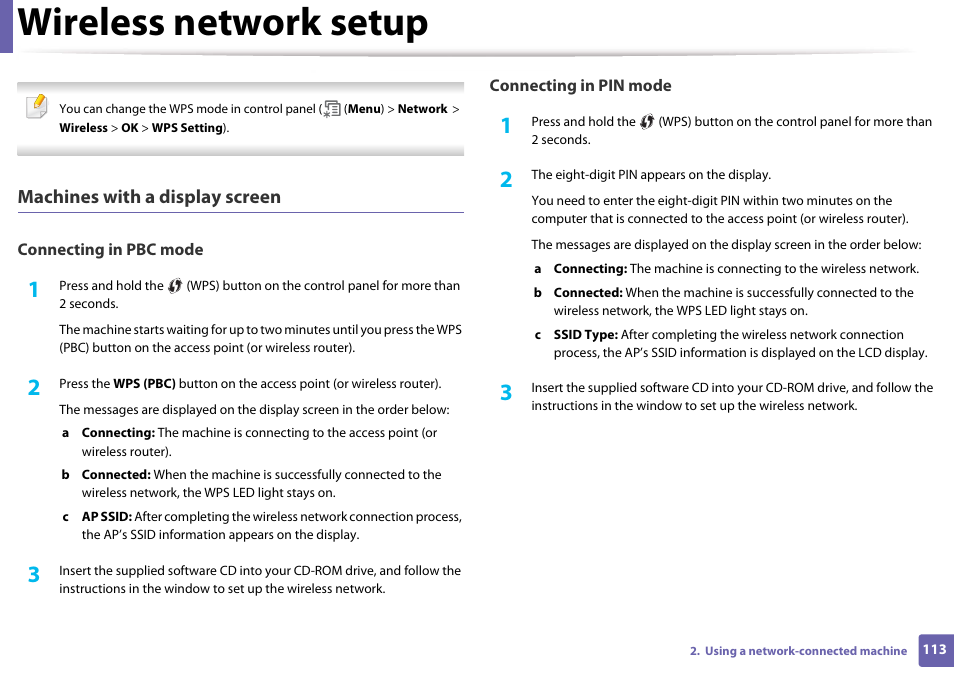 Wireless network setup, Machines with a display screen | Samsung CLP-365W-XAC User Manual | Page 113 / 224