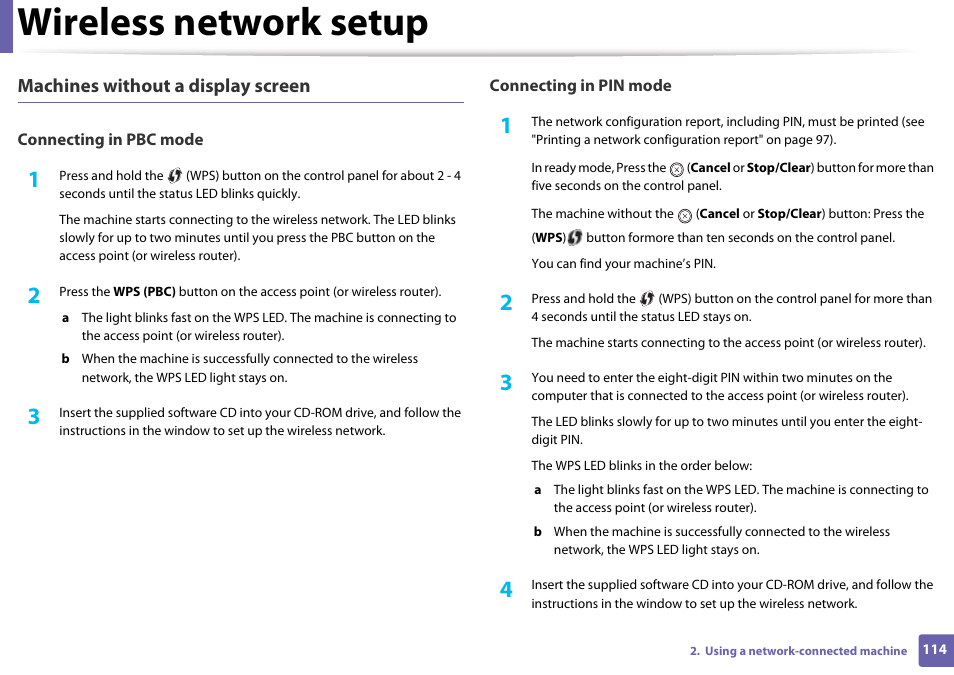 Wireless network setup, Machines without a display screen | Samsung CLP-365W-XAC User Manual | Page 114 / 224