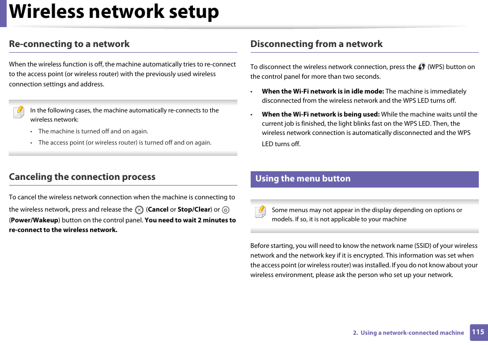 Wireless network setup, Re-connecting to a network, Canceling the connection process | Disconnecting from a network, Using the menu button | Samsung CLP-365W-XAC User Manual | Page 115 / 224
