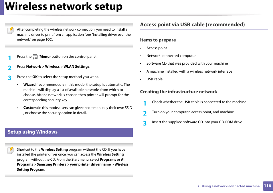 Wireless network setup, Access point via usb cable (recommended), Setup using windows | Samsung CLP-365W-XAC User Manual | Page 116 / 224