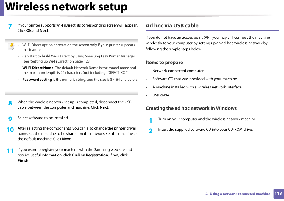 Wireless network setup, Ad hoc via usb cable | Samsung CLP-365W-XAC User Manual | Page 118 / 224