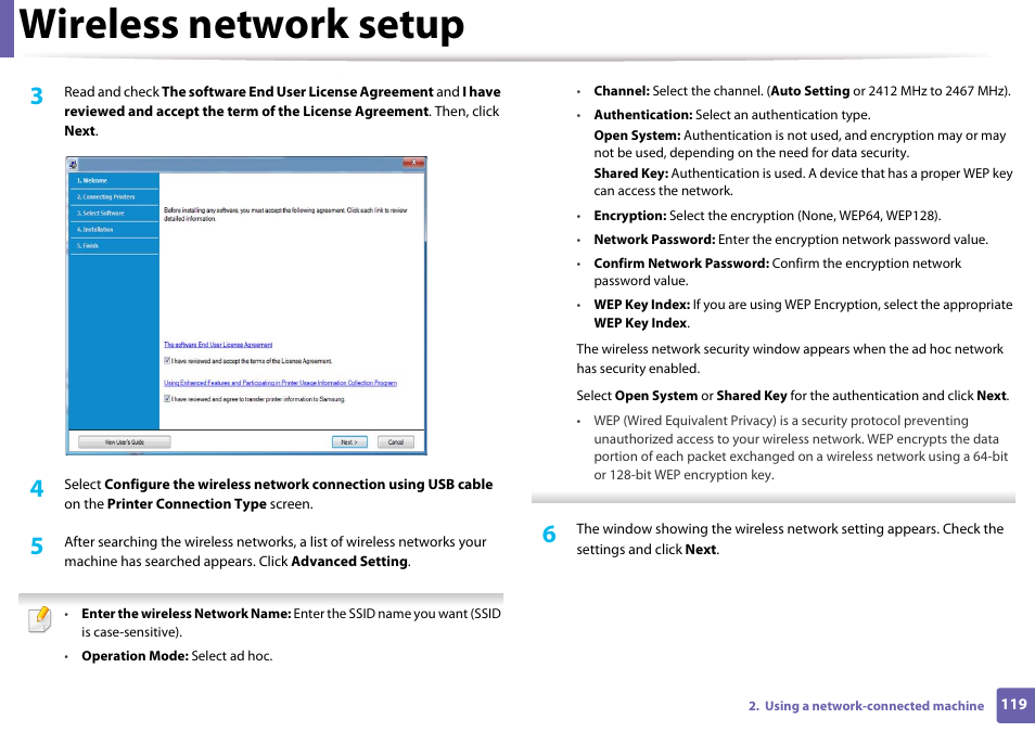 Wireless network setup | Samsung CLP-365W-XAC User Manual | Page 119 / 224