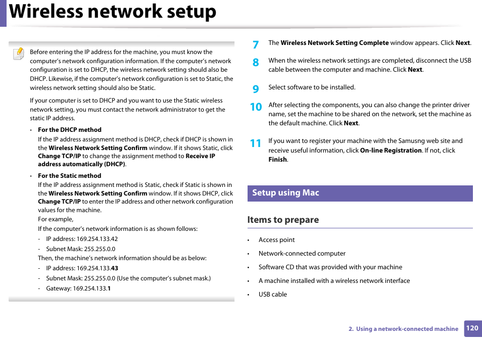 Wireless network setup, Items to prepare, Setup using mac | Samsung CLP-365W-XAC User Manual | Page 120 / 224