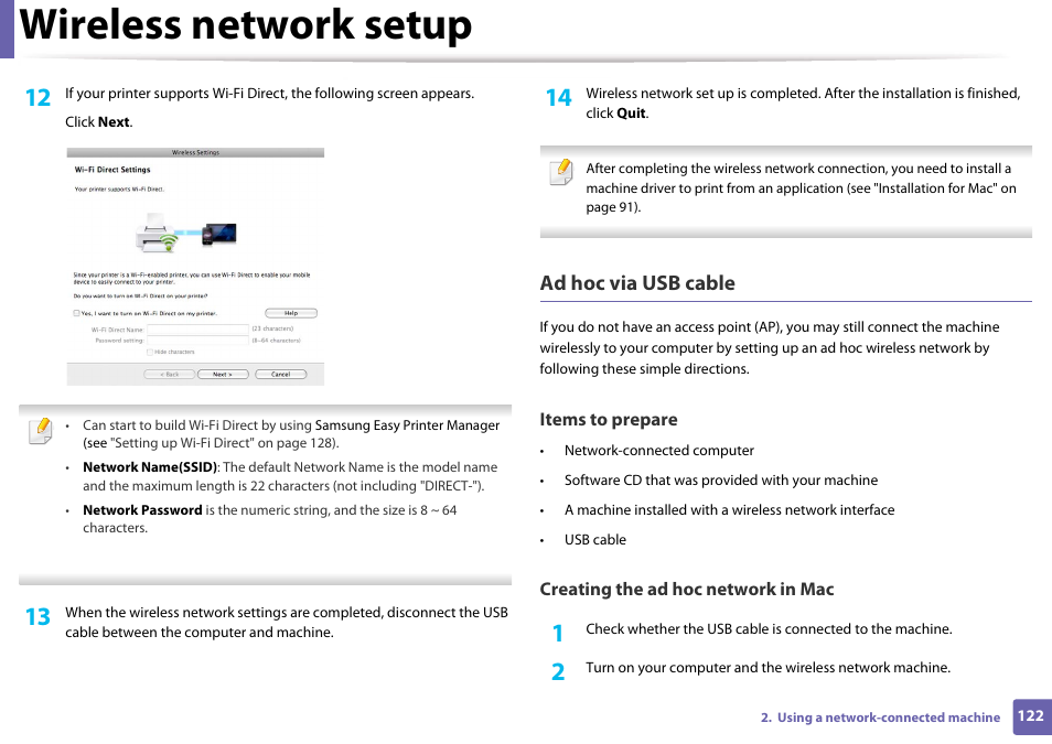 Wireless network setup, Ad hoc via usb cable | Samsung CLP-365W-XAC User Manual | Page 122 / 224