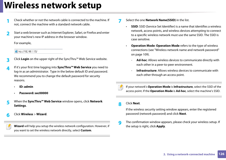 Wireless network setup | Samsung CLP-365W-XAC User Manual | Page 126 / 224