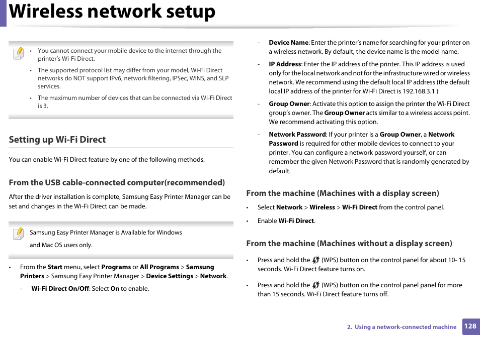 Wireless network setup, Setting up wi-fi direct | Samsung CLP-365W-XAC User Manual | Page 128 / 224