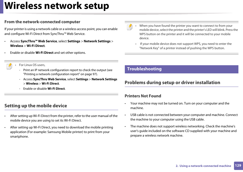 Wireless network setup, Setting up the mobile device, Problems during setup or driver installation | Troubleshooting | Samsung CLP-365W-XAC User Manual | Page 129 / 224