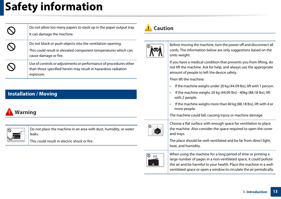 Safety information, Warning caution, Installation / moving | Samsung CLP-365W-XAC User Manual | Page 13 / 224