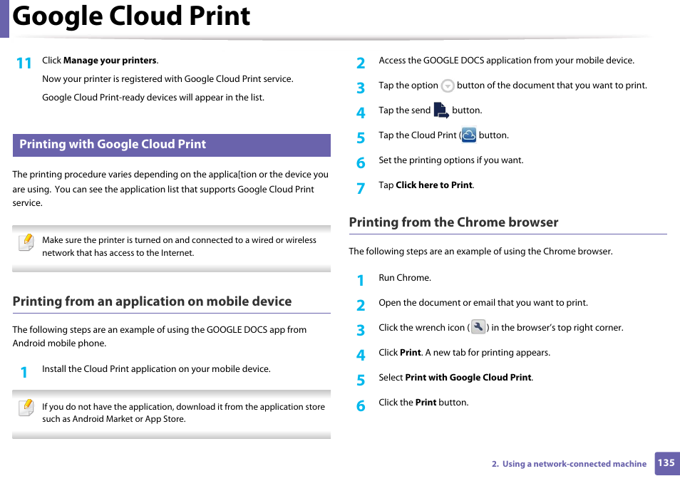 Google cloud print, Printing from an application on mobile device, Printing from the chrome browser | Samsung CLP-365W-XAC User Manual | Page 135 / 224