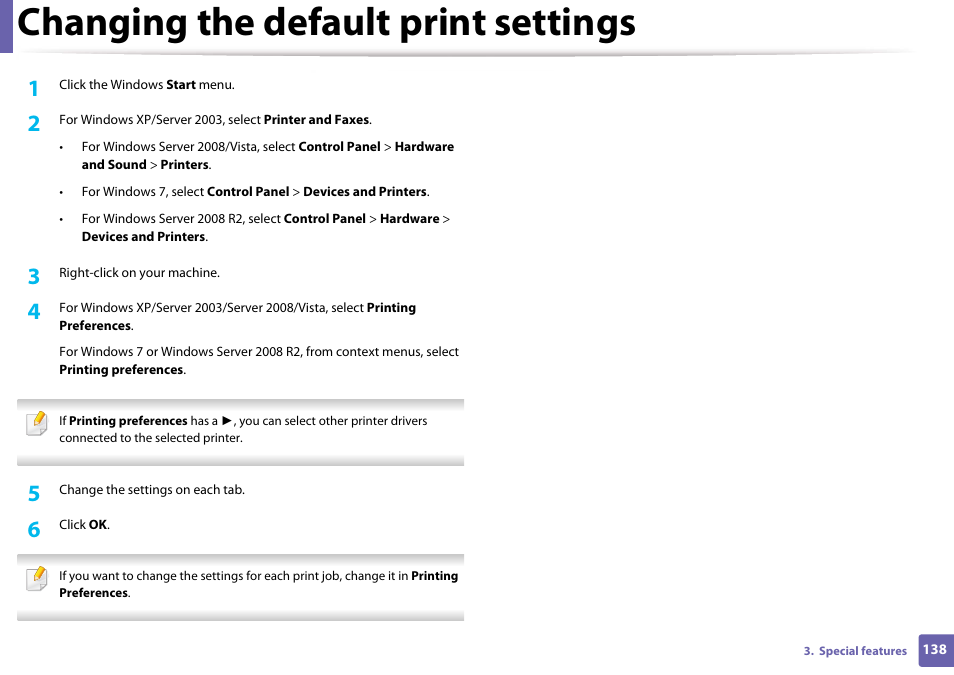 Changing the default print settings | Samsung CLP-365W-XAC User Manual | Page 138 / 224