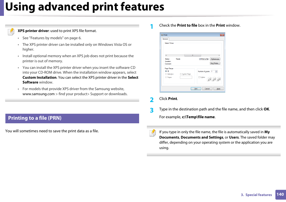 Using advanced print features, Printing to a file (prn) | Samsung CLP-365W-XAC User Manual | Page 140 / 224