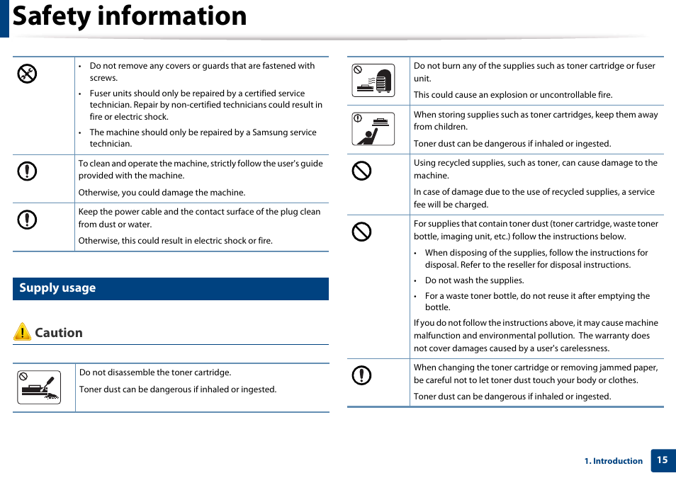 Safety information, Caution, Supply usage | Samsung CLP-365W-XAC User Manual | Page 15 / 224