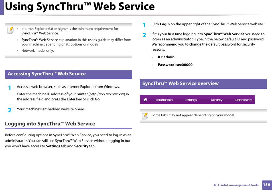 Using syncthru™ web service, Logging into syncthru™ web service, Accessing syncthru™ web service | Syncthru™ web service overview | Samsung CLP-365W-XAC User Manual | Page 156 / 224