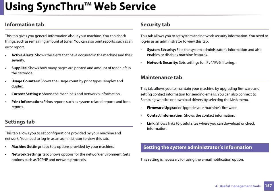 Using syncthru™ web service, Information tab, Settings tab | Security tab, Maintenance tab, Setting the system administrator’s information | Samsung CLP-365W-XAC User Manual | Page 157 / 224
