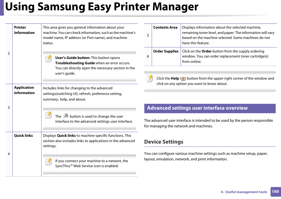 See "device, Using samsung easy printer manager, Device settings | Advanced settings user interface overview | Samsung CLP-365W-XAC User Manual | Page 160 / 224