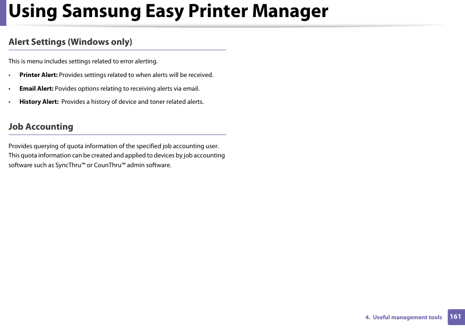 Using samsung easy printer manager, Alert settings (windows only), Job accounting | Samsung CLP-365W-XAC User Manual | Page 161 / 224