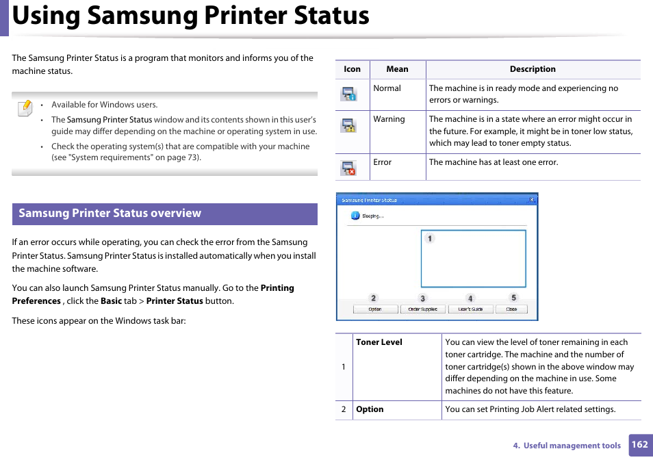 Using samsung printer status, Window (see, Samsung printer status overview | Samsung CLP-365W-XAC User Manual | Page 162 / 224