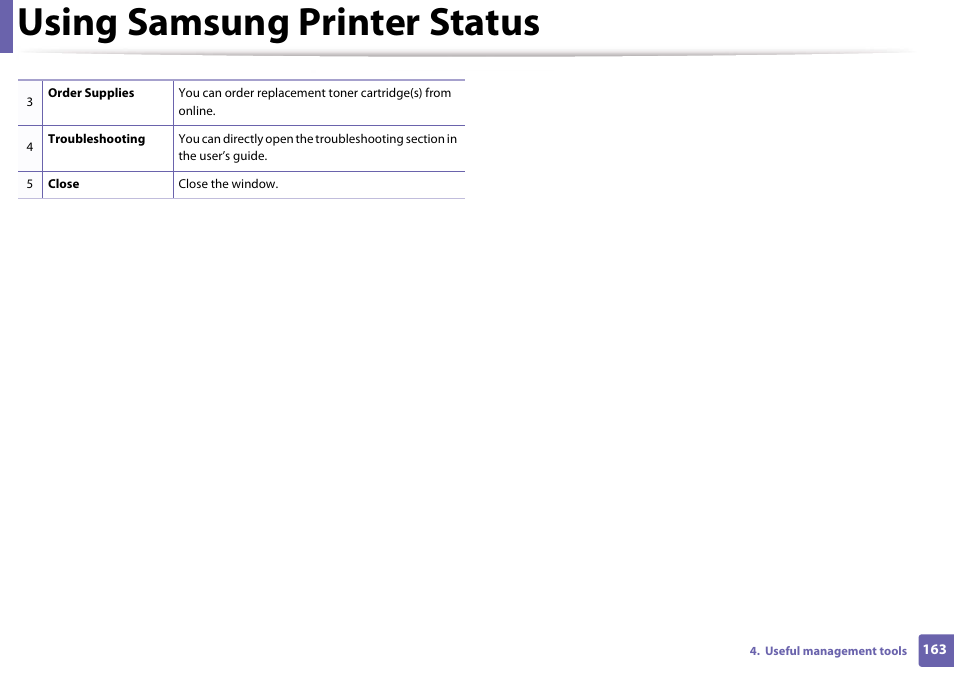 Using samsung printer status | Samsung CLP-365W-XAC User Manual | Page 163 / 224
