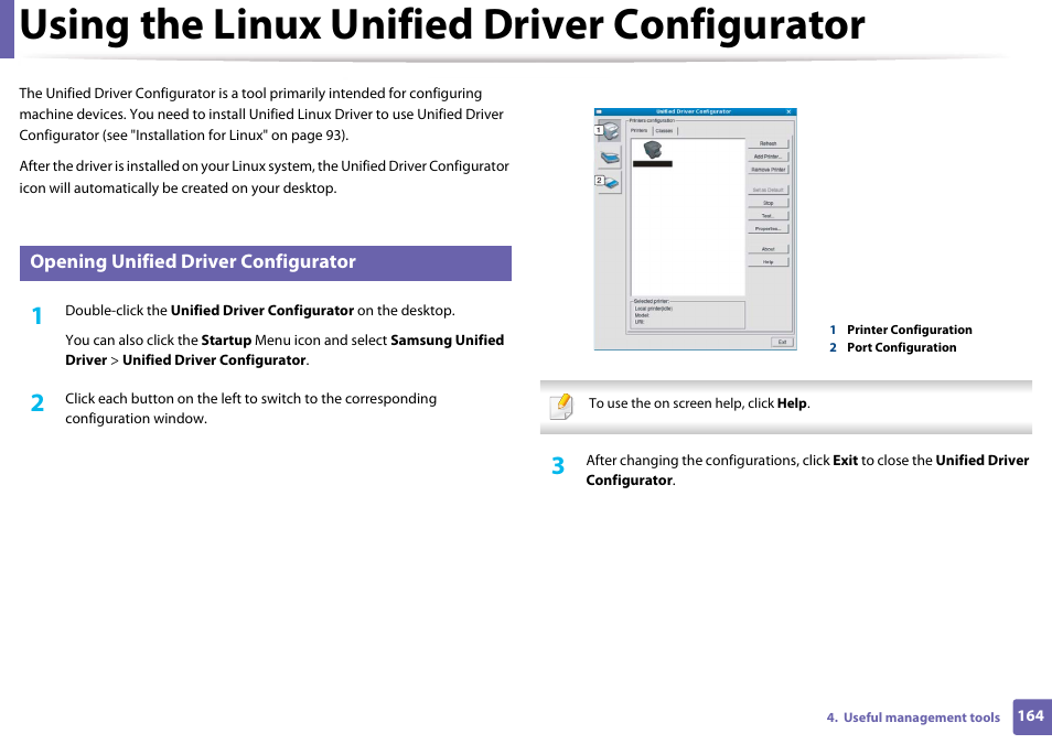 Using the linux unified driver configurator, Opening unified driver configurator | Samsung CLP-365W-XAC User Manual | Page 164 / 224