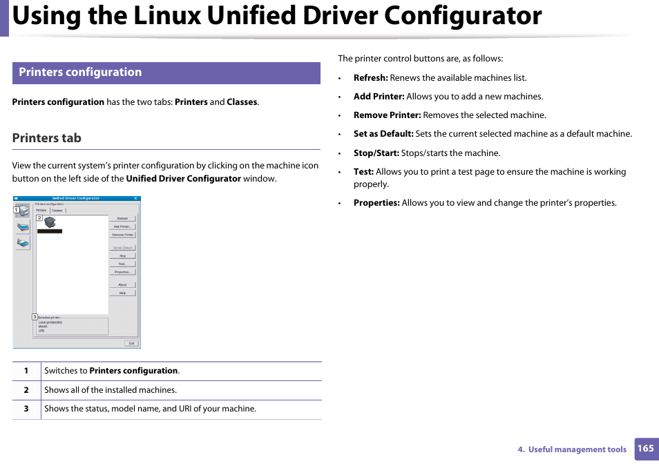 Using the linux unified driver configurator, Printers tab, Printers configuration | Samsung CLP-365W-XAC User Manual | Page 165 / 224