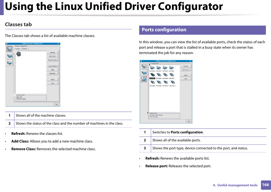 Using the linux unified driver configurator, Classes tab, Ports configuration | Samsung CLP-365W-XAC User Manual | Page 166 / 224